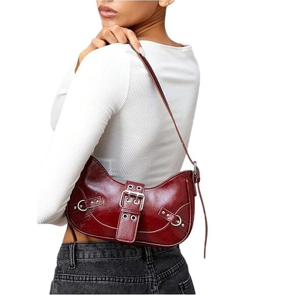 New Floerns Womens Tomato Red Faux Leather Buckled y2K Punk Shoulder Bag Purse - Picture 2 of 6